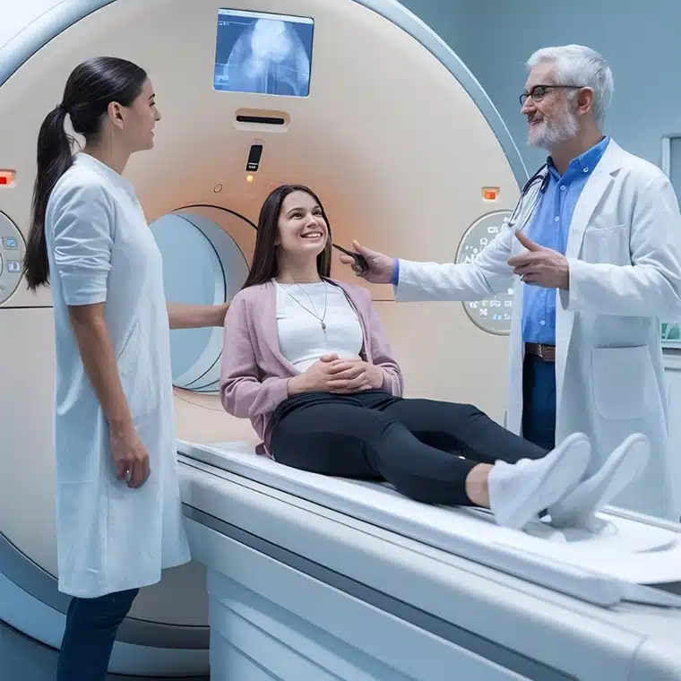 A woman lies smiling on an MRI
